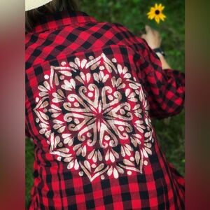 Mandala Upcycled Flannel Shirt One of a Kind Wearable Art